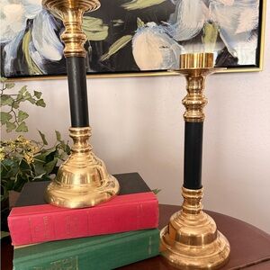 Pair Brass & Black Candlesticks-Hollywood Regency
